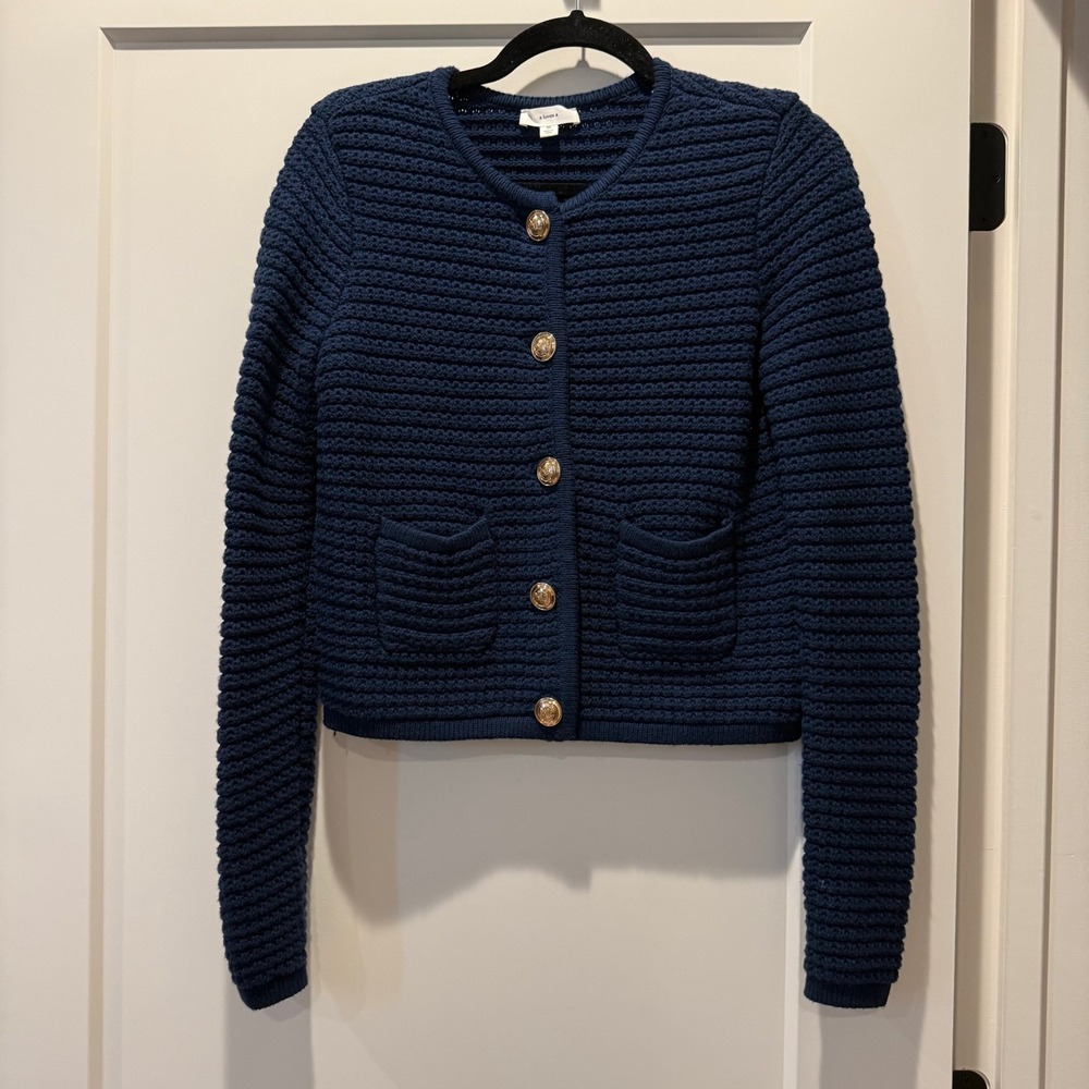 Preppy Parisian A Loves A Navy Gold Button Cropped Cardigan XS Wool Blend